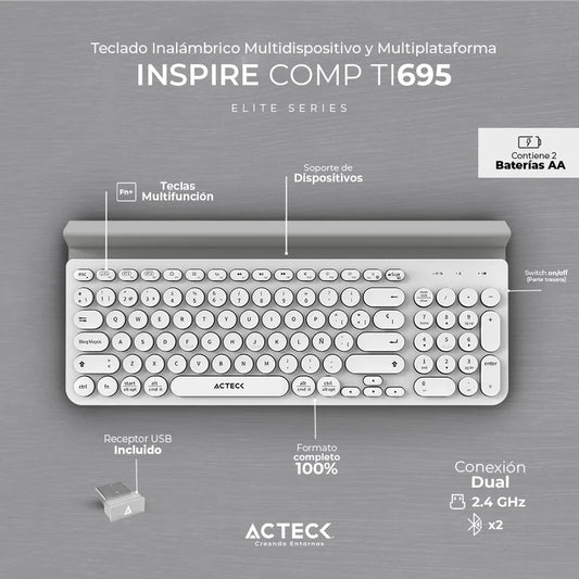 Teclado Inalámbrico Conexión Dual 2.4hz/Bluetooth Inspire Comp TI695, ACTECK , color blanco.